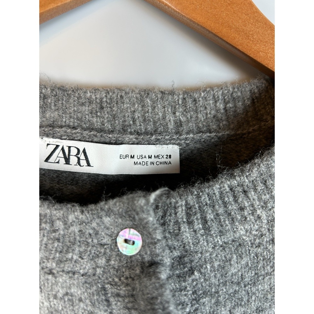 Zara Gray Button Up  Frill Cardigan Sweater Women's Medium Wool Blend - Picture 3 of 9